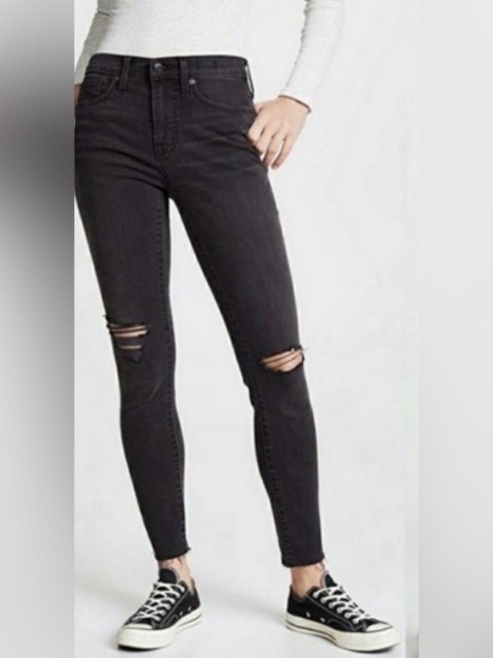 Madewell | High-Rise Skinny 9” Black Denim Jeans 25 frayed Knees & Hem